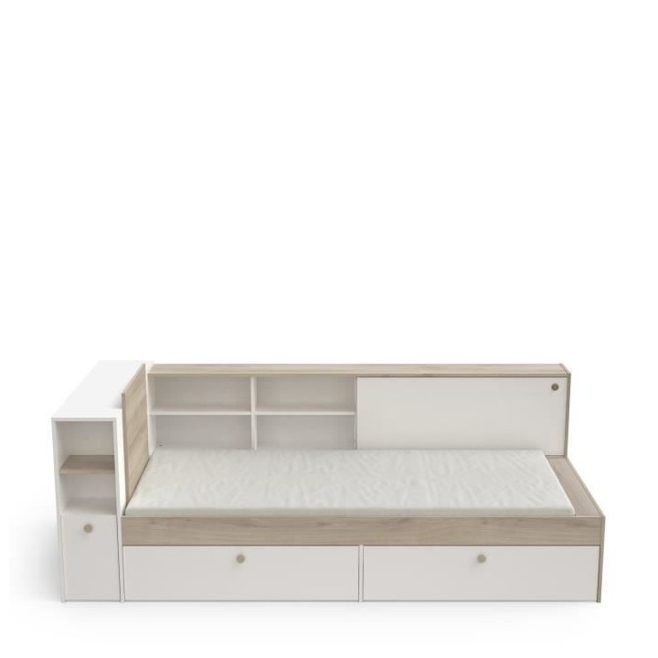 Lit enfant LIFE 1 personne - 90x190/200 - Rangements - Décor Chene et