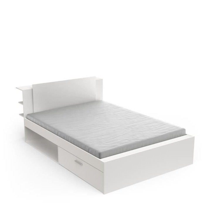 Lit adulte LIFE 2 personnes - 140X190/200 - Rangements - Décor blanc