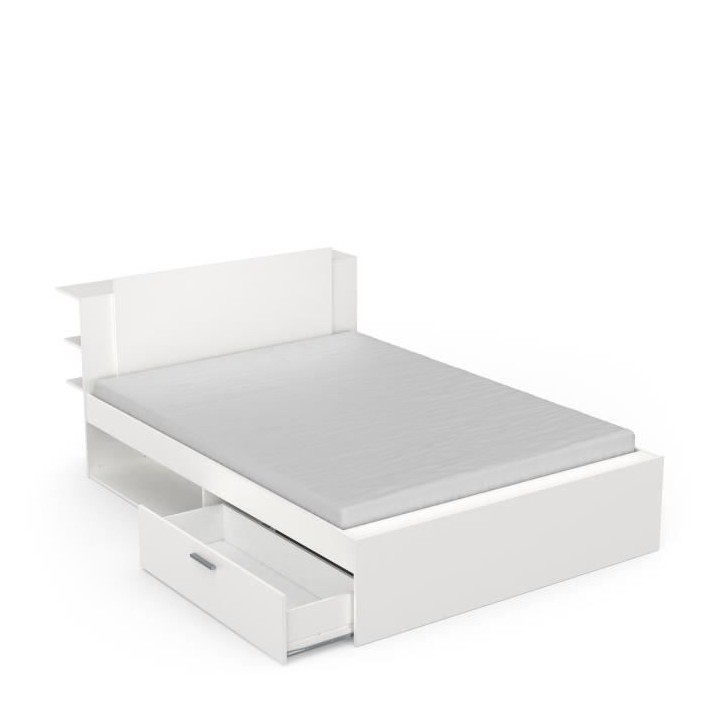 Lit adulte LIFE 2 personnes - 140X190/200 - Rangements - Décor blanc
