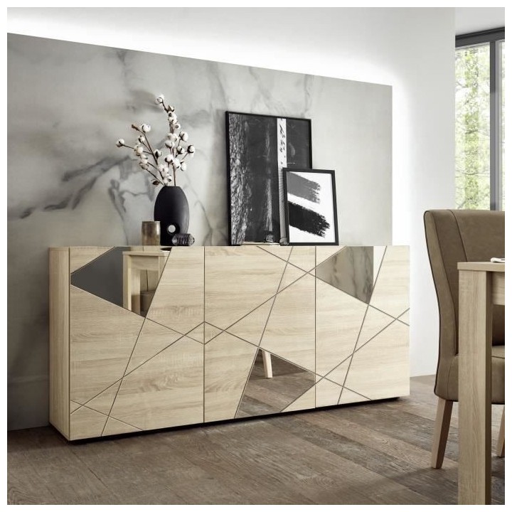 Buffet VICTORY - Décor Chene Sonoma - 3 Portes - Miroir - L 181 x P 4