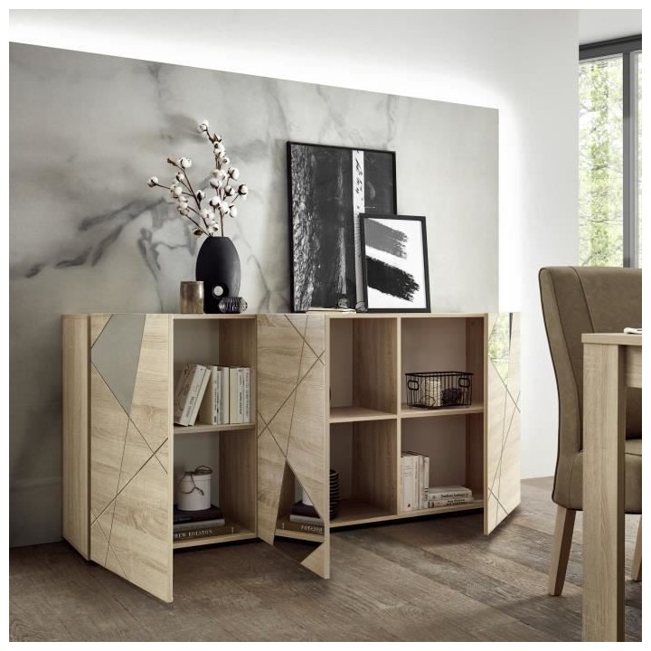 Buffet VICTORY - Décor Chene Sonoma - 3 Portes - Miroir - L 181 x P 4