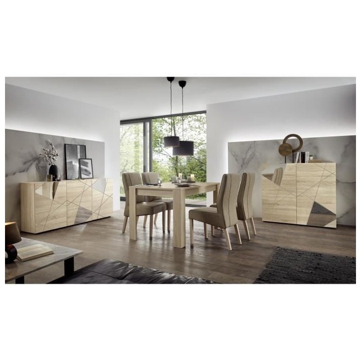 Buffet VICTORY - Décor Chene Sonoma - 3 Portes - Miroir - L 181 x P 4