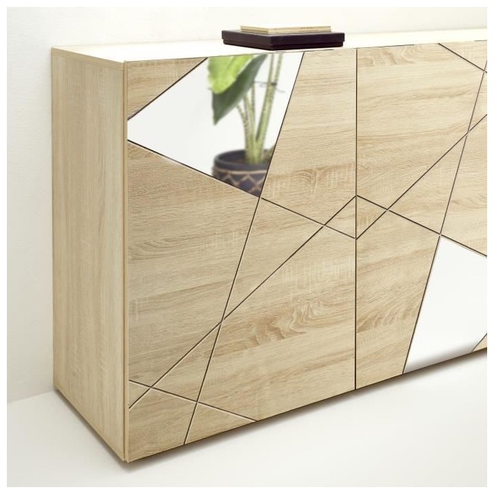 Buffet VICTORY - Décor Chene Sonoma - 3 Portes - Miroir - L 181 x P 4