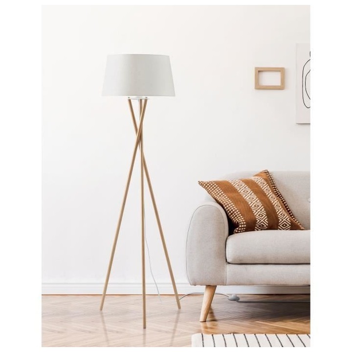 INTERNATIONAL DESIGN Lampadaire Maud tripode - Tissu pied bois - Blanc