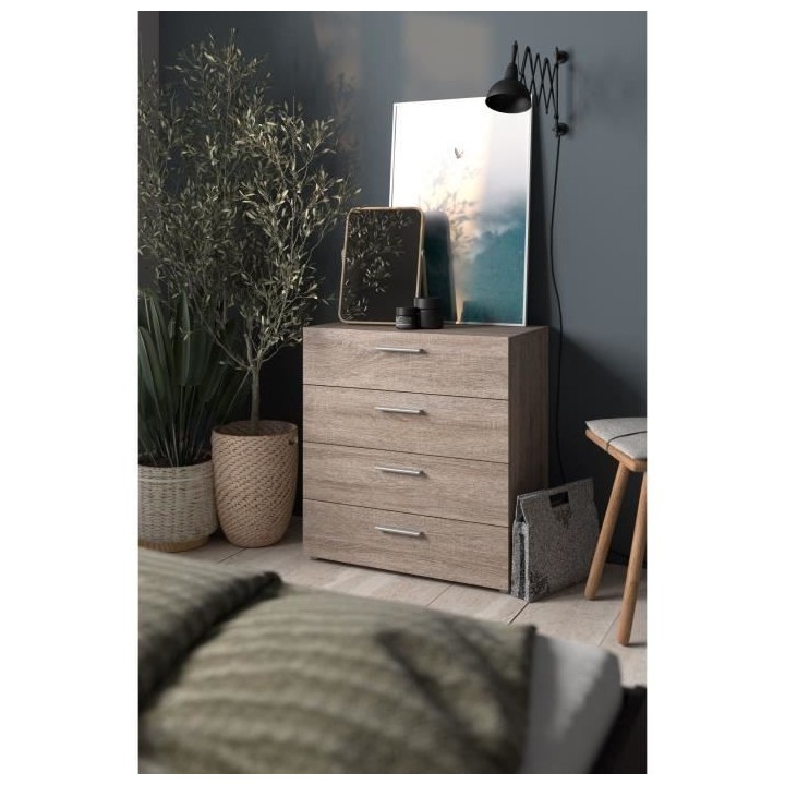 Commode NASH 4 tiroirs - Décor Chene Truffe - L 80 x P 40 x H 68,5 cm