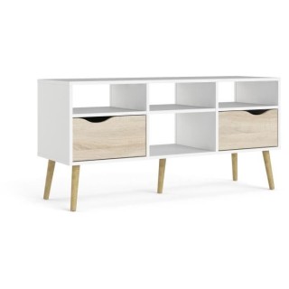 Meuble TV - 4 niches 2 tiroirs - Blanc / Chene - 117,2 x 39,1 x 57,4 c