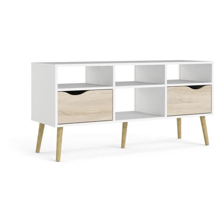 Meuble TV - 4 niches 2 tiroirs - Blanc / Chene - 117,2 x 39,1 x 57,4 c