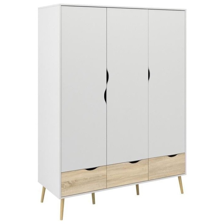 Armoire - Blanc / Chene - 3 portes / 3 tiroirs - Pietement évasé en