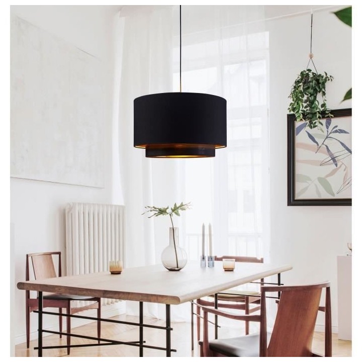 Suspension double SHIRA 2 - Tissu - Cylindrique - Noir et doré - 40 x