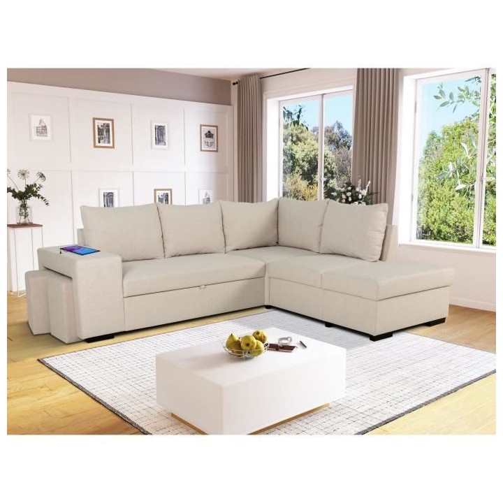 Canapé d'angle convertible réversible 4 places MITCHELL - Tissu Beig