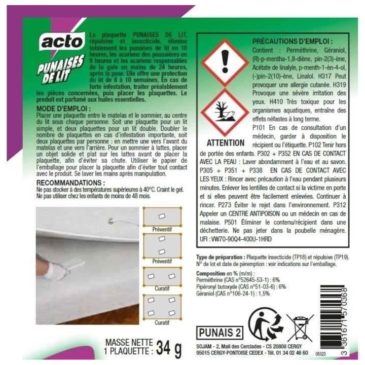 Insecticide punaises de lit et acariens - plaquette