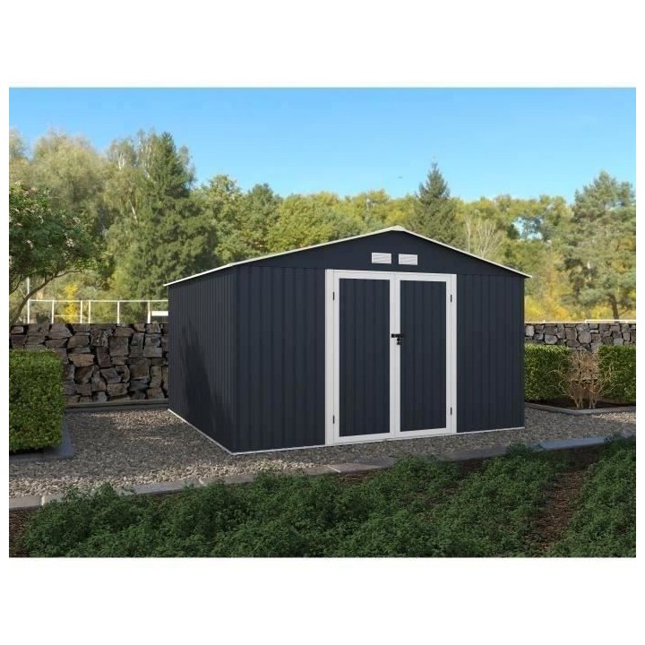 Abri de jardin en métal 10,85 m2 - Kit d'ancrage inclus - Gris anthra