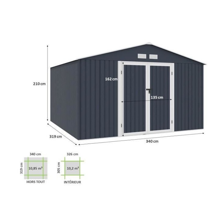 Abri de jardin en métal 10,85 m2 - Kit d'ancrage inclus - Gris anthra