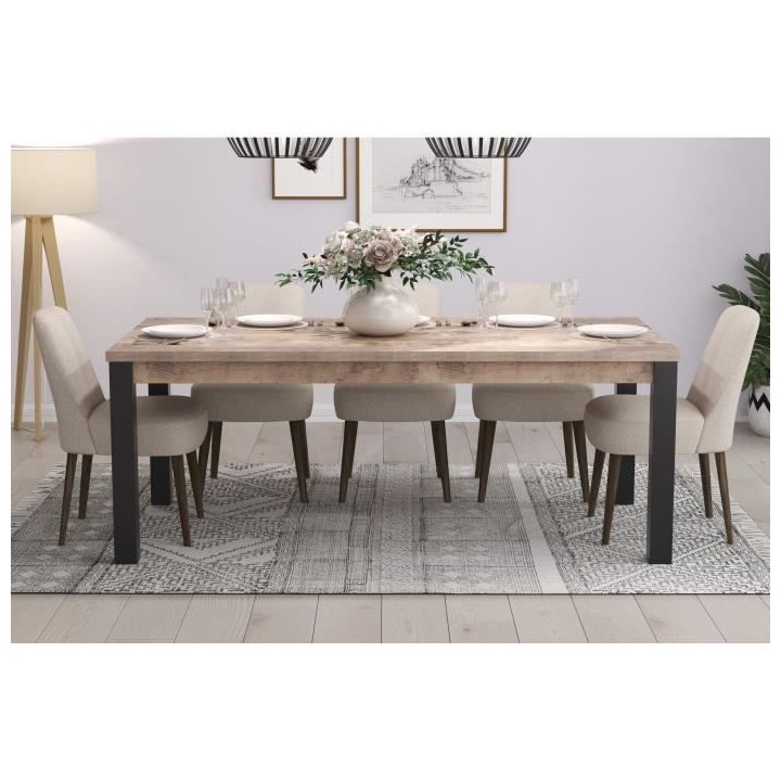 Table a manger EMILE 10 personnes - Mélamine chene brun tabac et noir