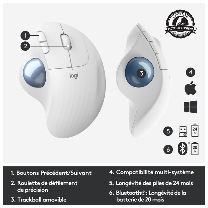 Souris ergonomique - Sans fil - Logitech - Ergo M575 - Blanc