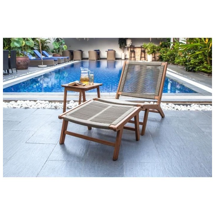 Fauteuil de jardin en bois d'eucalyptus FSC et corde avec repose pieds