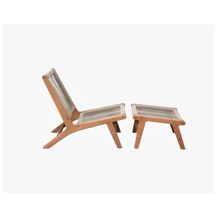 Fauteuil de jardin en bois d'eucalyptus FSC et corde avec repose pieds