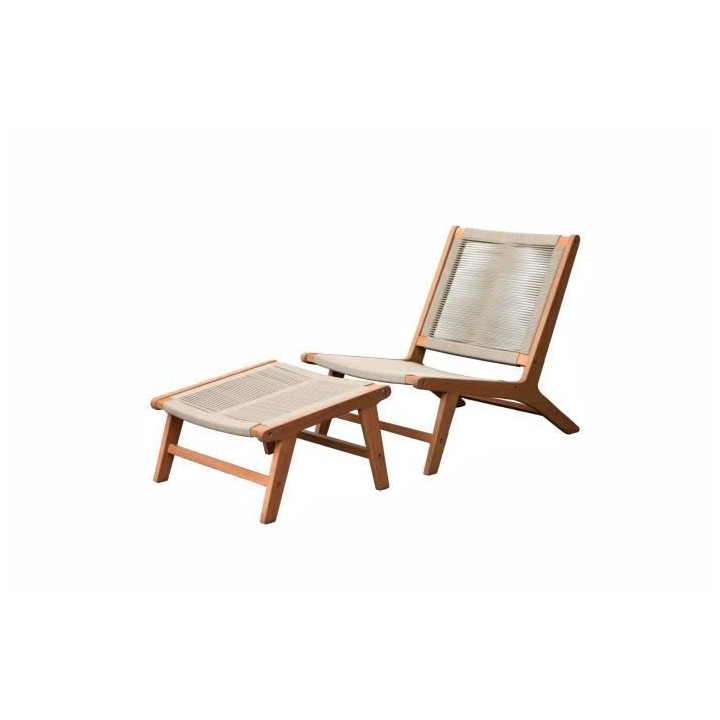 Fauteuil de jardin en bois d'eucalyptus FSC et corde avec repose pieds