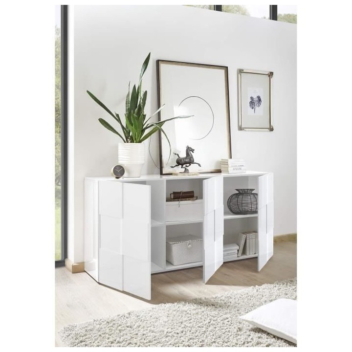 Buffet 3 portes 181 cm - Blanc laqué brillant - Style contemporain -