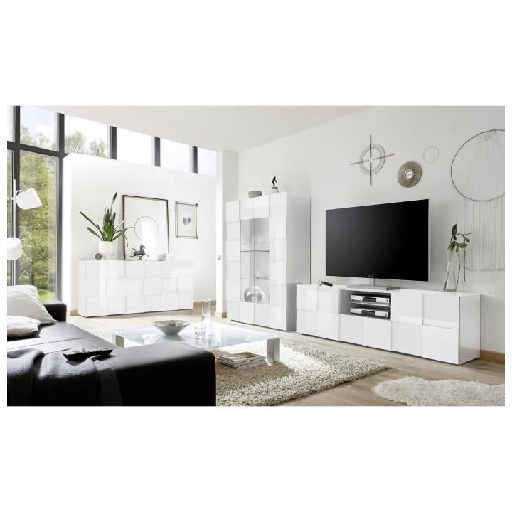 Buffet 3 portes 181 cm - Blanc laqué brillant - Style contemporain -