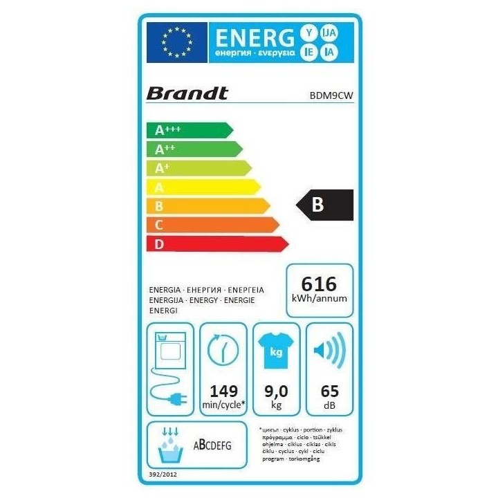 Seche-linge a condensation BRANDT BDM9CW - 9 kg - L60cm - Classe B - B