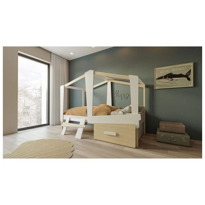 DEMEYERE Lit cabane enfant avec grand tiroir - 90 x 200 cm - Décor Bl