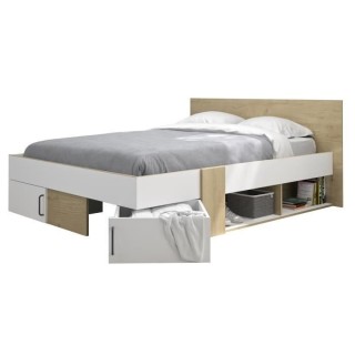 DIAGONE Lit adulte avec tiroirs de rangement - Chene et blanc - 140 x