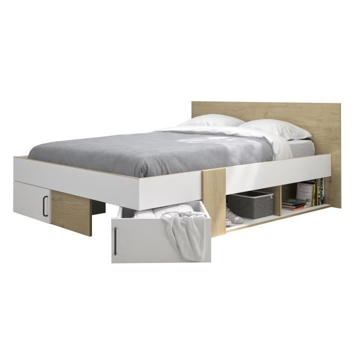 DIAGONE Lit adulte avec tiroirs de rangement - Chene et blanc - 140 x