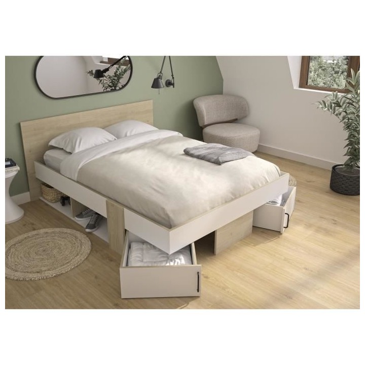 DIAGONE Lit adulte avec tiroirs de rangement - Chene et blanc - 140 x
