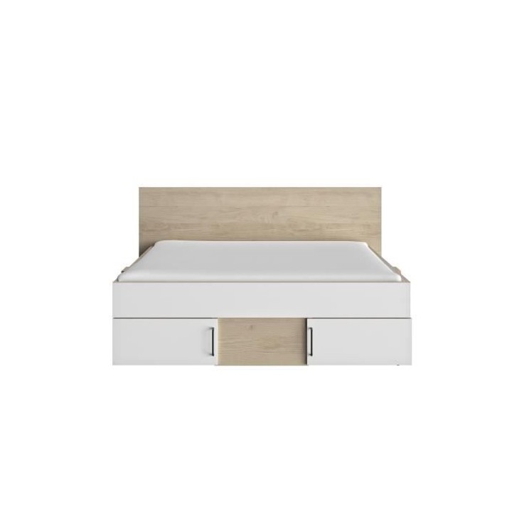 DIAGONE Lit adulte avec tiroirs de rangement - Chene et blanc - 140 x