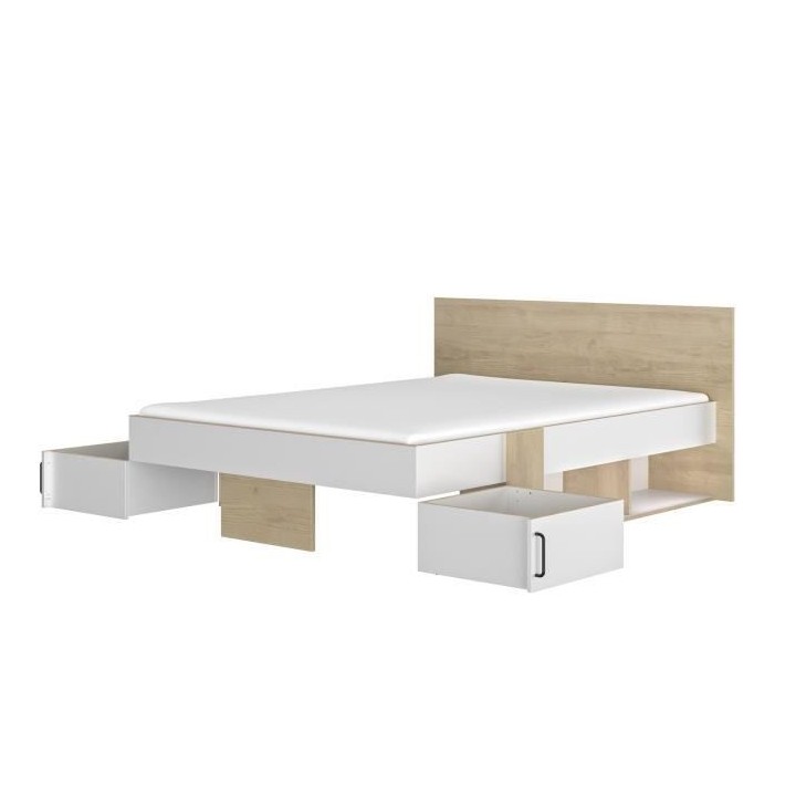 DIAGONE Lit adulte avec tiroirs de rangement - Chene et blanc - 140 x
