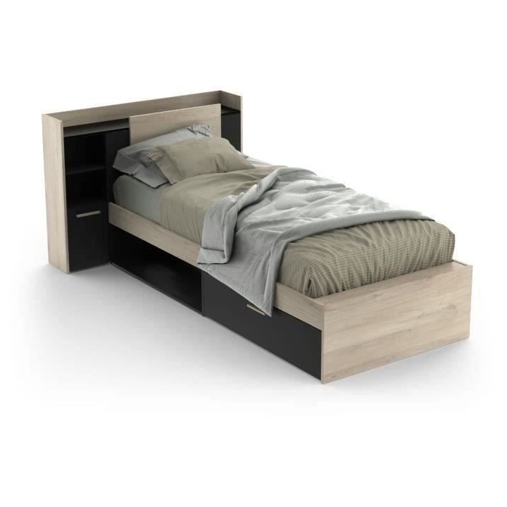 Lit enfant LIFE - 90x190/200 - Rangements - Décor Chene et noir - DEM