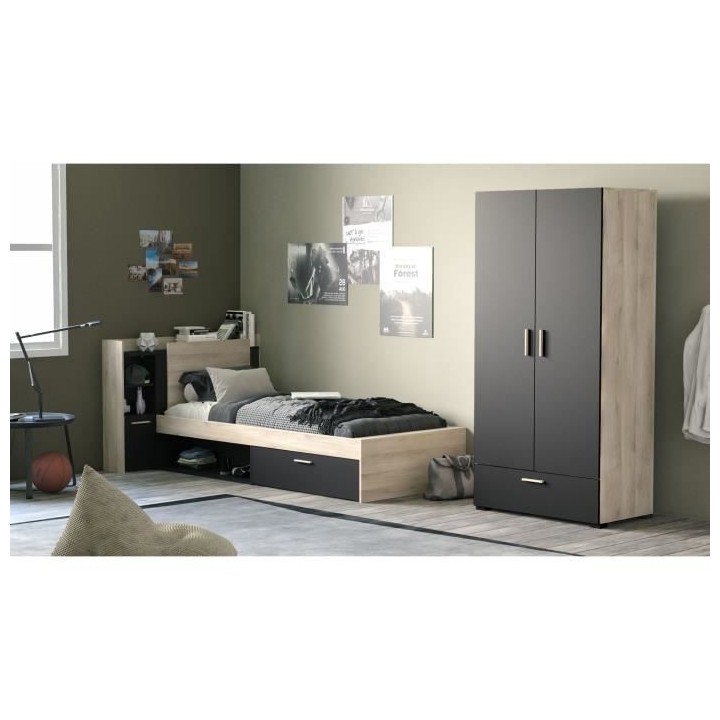 Lit enfant LIFE - 90x190/200 - Rangements - Décor Chene et noir - DEM