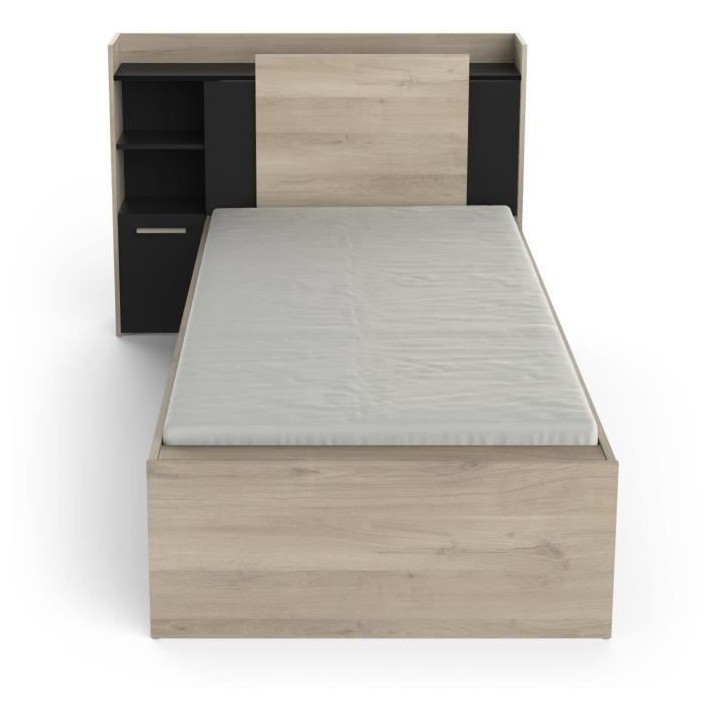 Lit enfant LIFE - 90x190/200 - Rangements - Décor Chene et noir - DEM