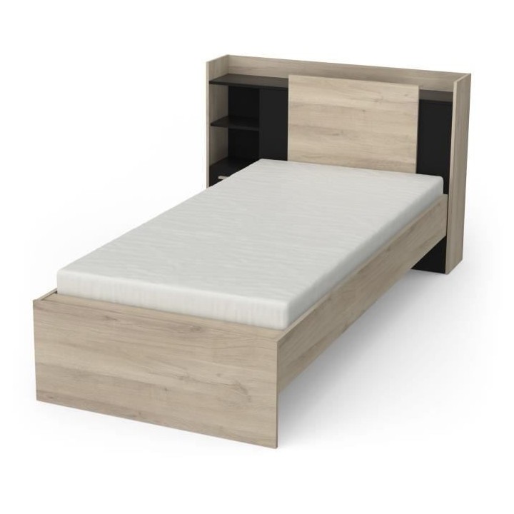 Lit enfant LIFE - 90x190/200 - Rangements - Décor Chene et noir - DEM