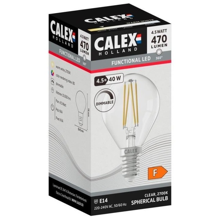 Ampoule LED E14 - CALEX - BALL P45 - Filament droit - 4,5 W - 470 lm -