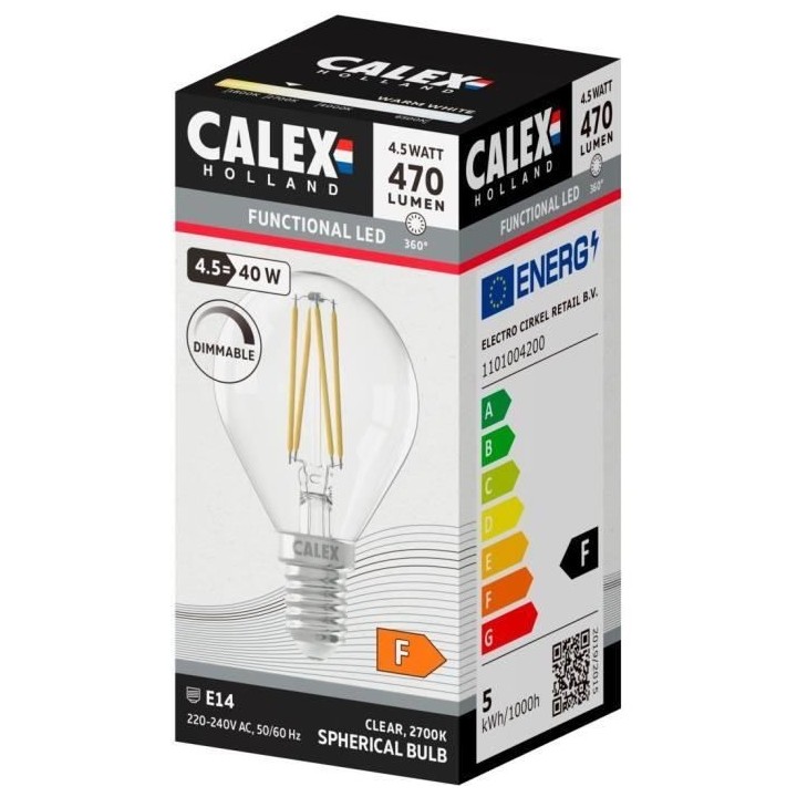 Ampoule LED E14 - CALEX - BALL P45 - Filament droit - 4,5 W - 470 lm -
