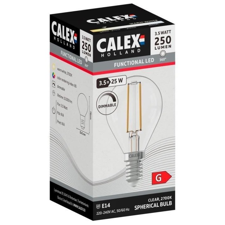 Ampoule LED E14 - CALEX - BALL P45 - Filament droit - 3,5 W - 250 lm -