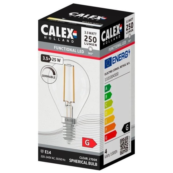Ampoule LED E14 - CALEX - BALL P45 - Filament droit - 3,5 W - 250 lm -