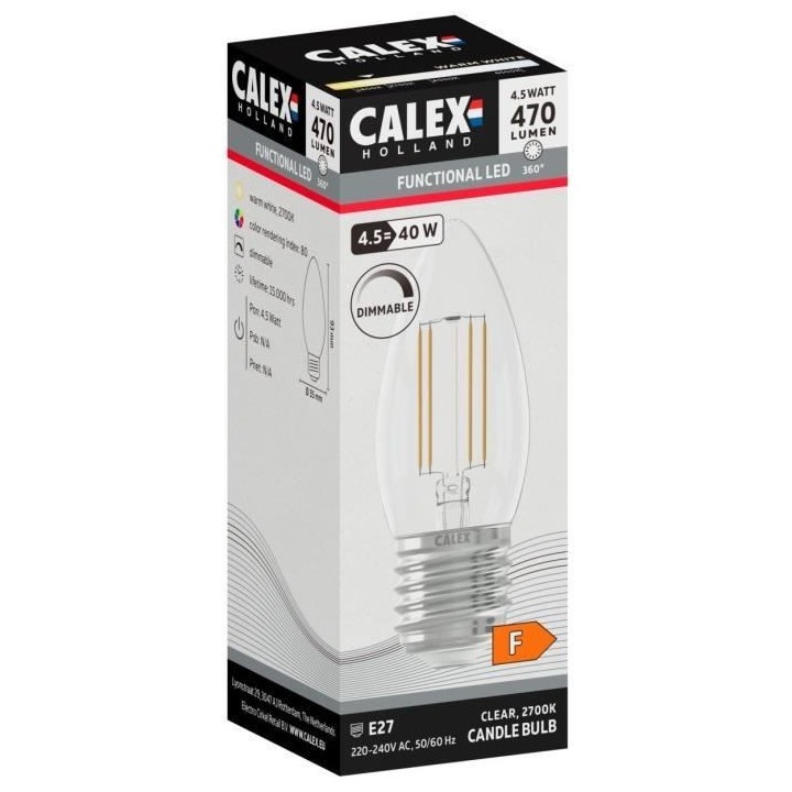 Ampoule LED E27 - CALEX - CANDLE B35 - Filament droit - 4,5 W - 470 lm