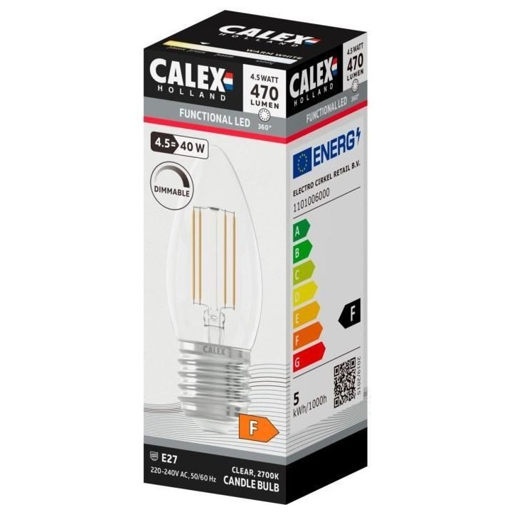 Ampoule LED E27 - CALEX - CANDLE B35 - Filament droit - 4,5 W - 470 lm