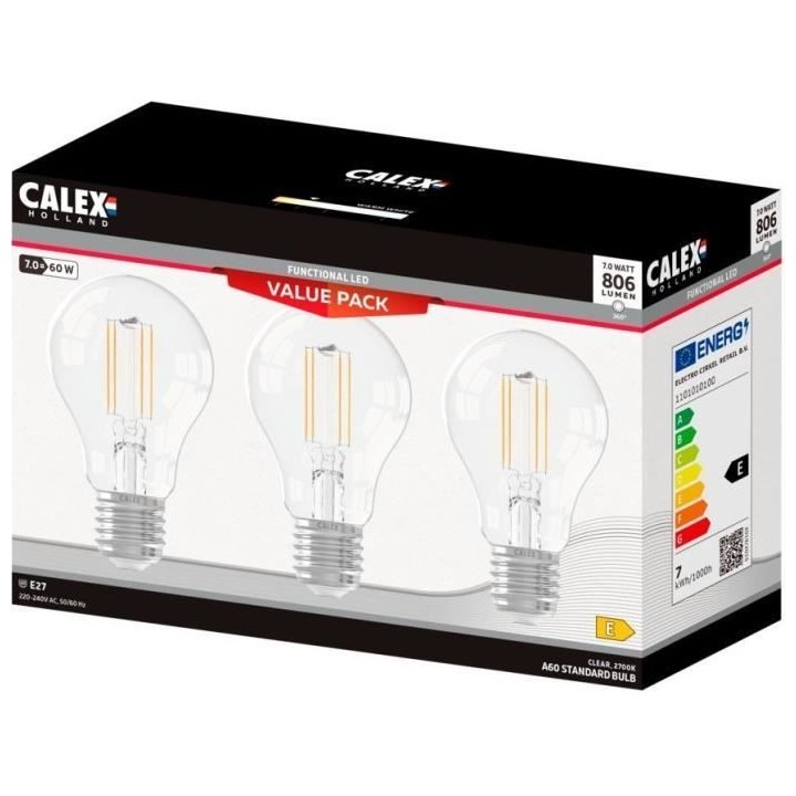 Ampoule LED E27 - CALEX - STANDARD A60 - Filament droit - 7 W - 806 lm