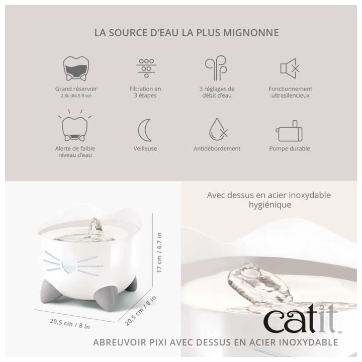 CAT IT Fontaine a eau automatique pour chat - 2,5 L (Acier inox et fil