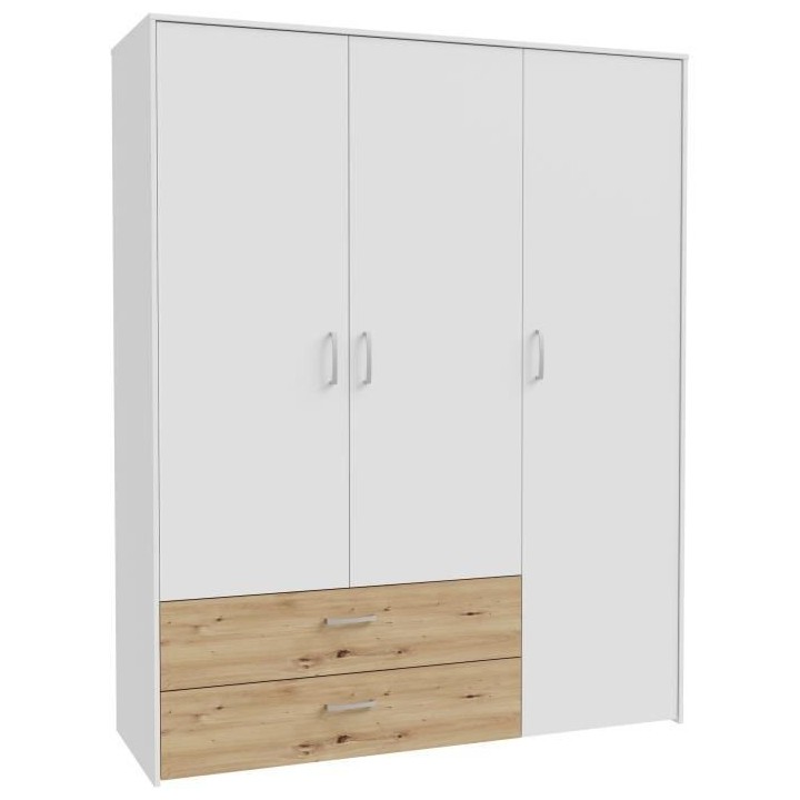 Armoire de chambre - Blanc mat / Chene artisan - 3 portes et 2 tiroirs
