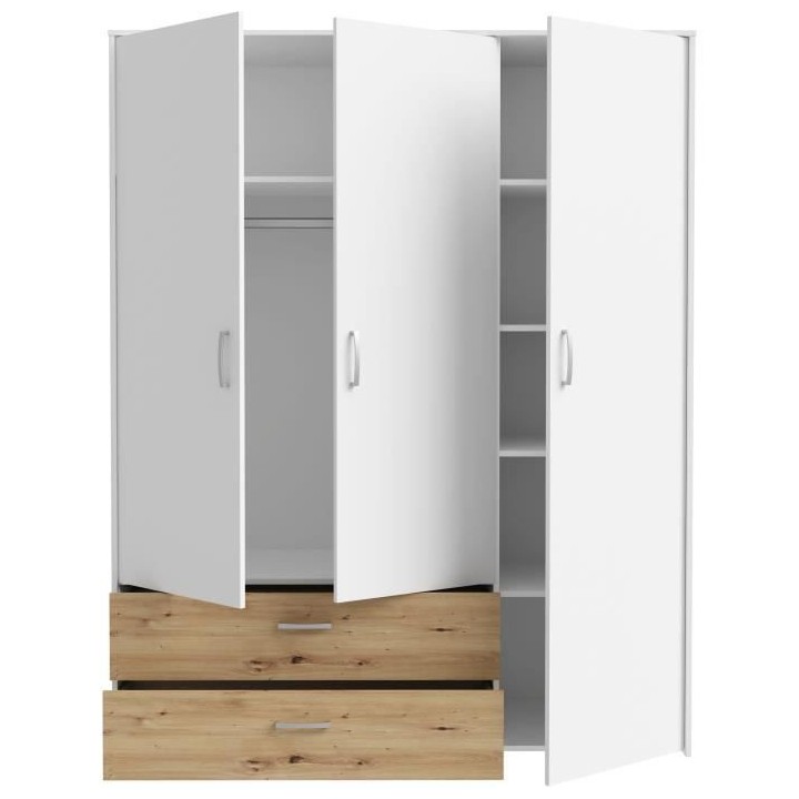 Armoire de chambre - Blanc mat / Chene artisan - 3 portes et 2 tiroirs