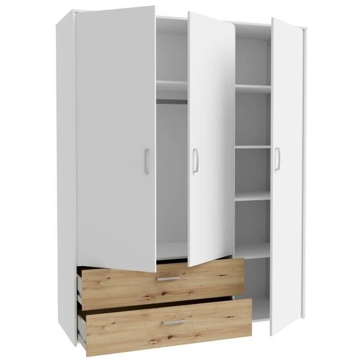 Armoire de chambre - Blanc mat / Chene artisan - 3 portes et 2 tiroirs