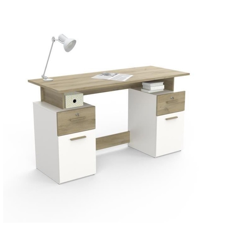 Bureau avec rangements - PLATON - Chene / blanc mat - L134,8 x P55 x H