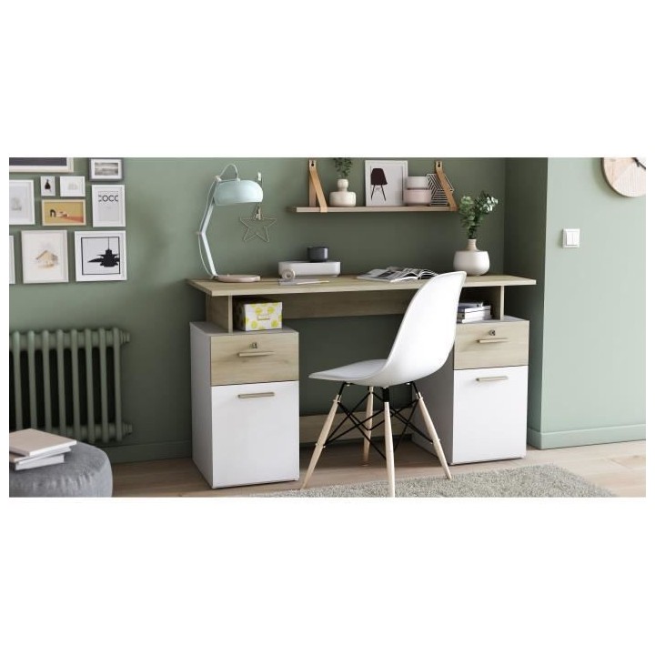 Bureau avec rangements - PLATON - Chene / blanc mat - L134,8 x P55 x H