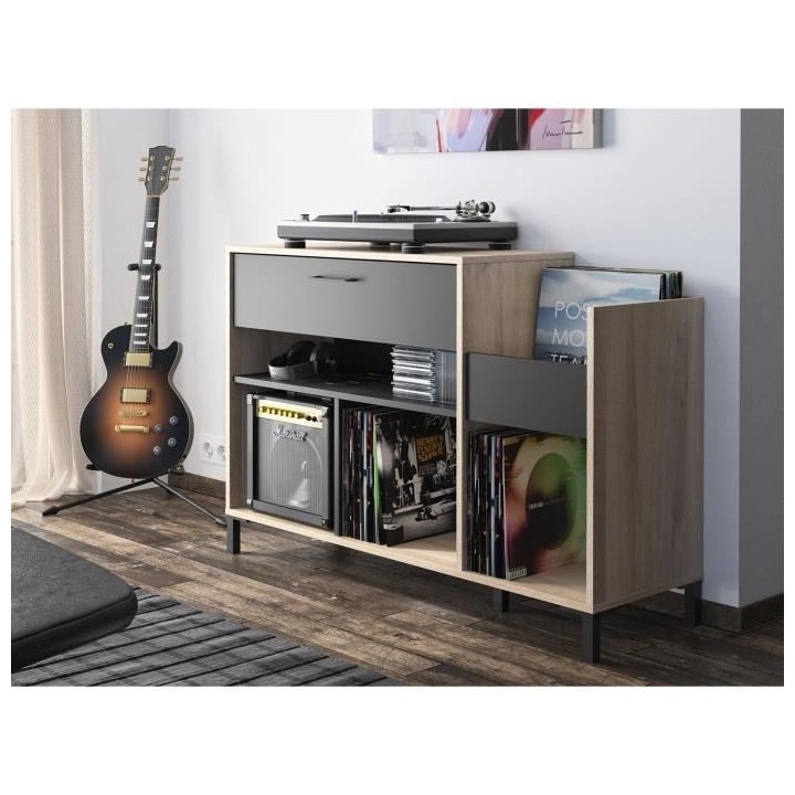 Meuble rangement vinyle - GAMI - Platine - Style urbain - Décor chene