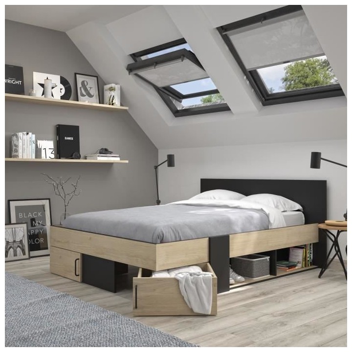 DIAGONE Lit adulte avec tiroirs de rangement - Chataignier et noir - 1